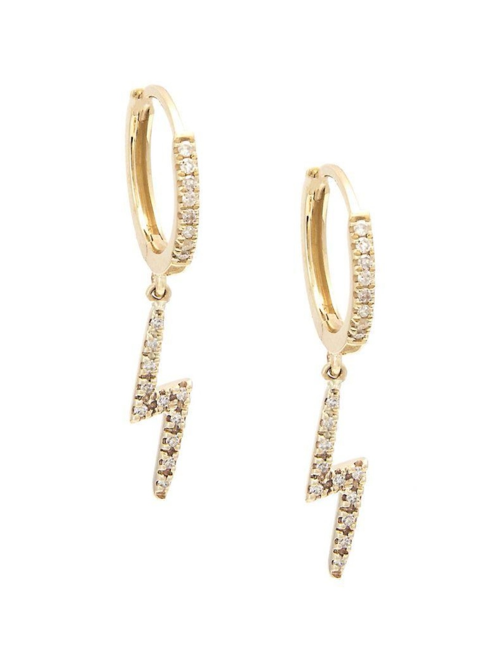 14K Real Solid Yellow Gold Natural Diamond Lightning Bolt Hoop Earrings 3x27mm